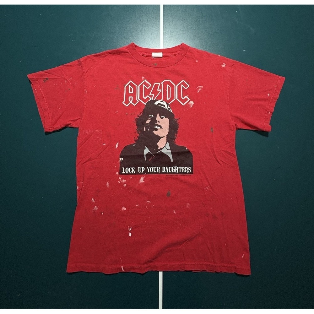 Vintage AC/DC Graphic T-Shirt Mens Medium Red "Lock Up Your Daughter" Y2K 2005